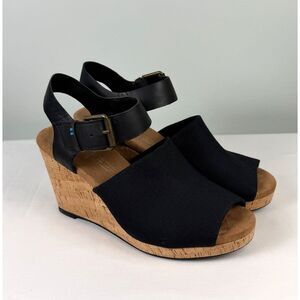 TOMS Black Wedge Sandals Cork Heel Open Toe Ankle Strap Women 6.5
